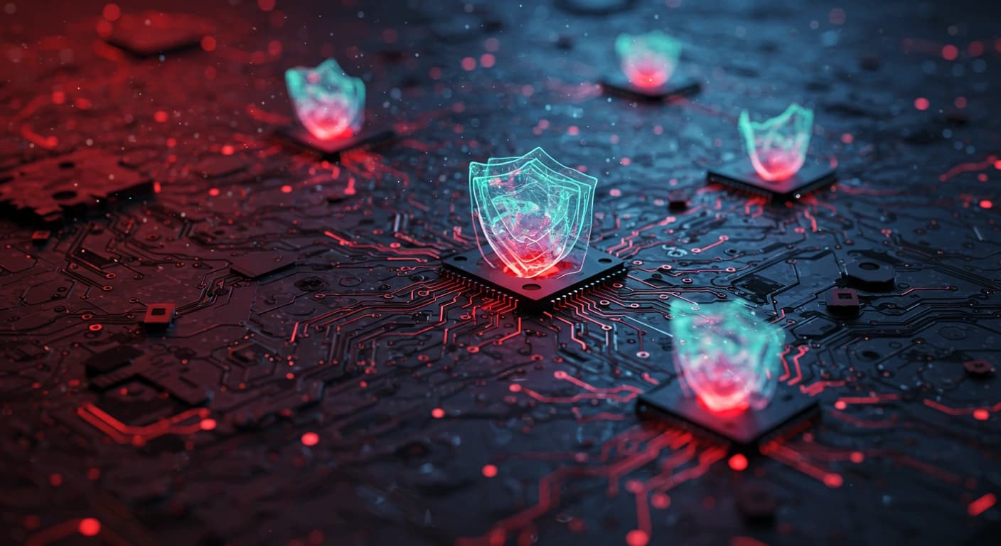 A digital system being monitored for weaknesses, with highlighted vulnerabilities and shields symbolizing protection.