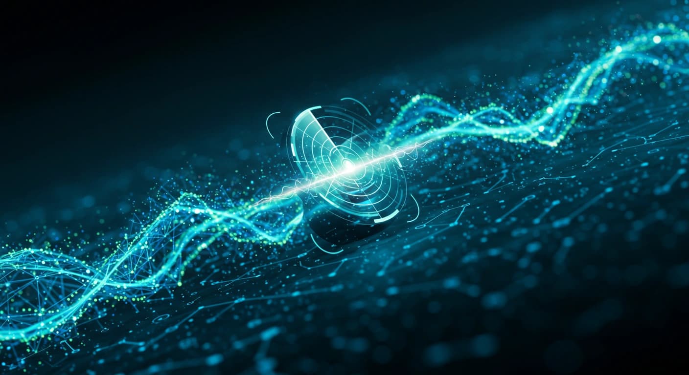 An image illustrating digital security, with abstract representations of data, networks, and a radar or scanning device, emphasizing the concept of identifying and analyzing cyber threats