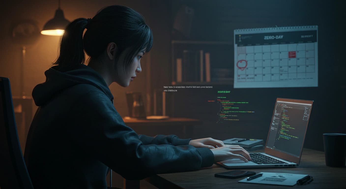 A hacker exploiting an unknown vulnerability in software, with a calendar marking a "zero-day" event.