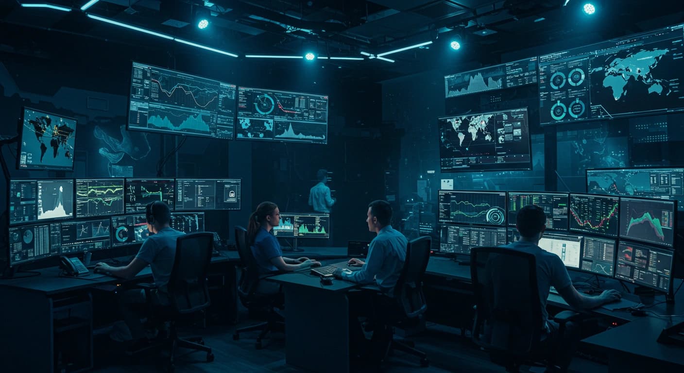 A control room filled with cybersecurity professionals monitoring large screens and dashboards.